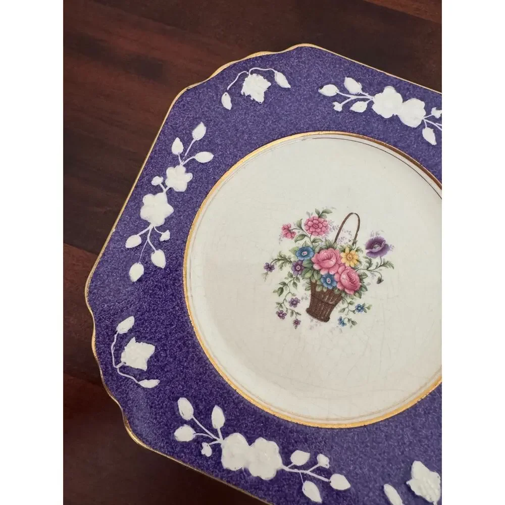Wedgwood & Co Ltd Queens Ivory England 6 Purple Plates Floral Basket Vintage